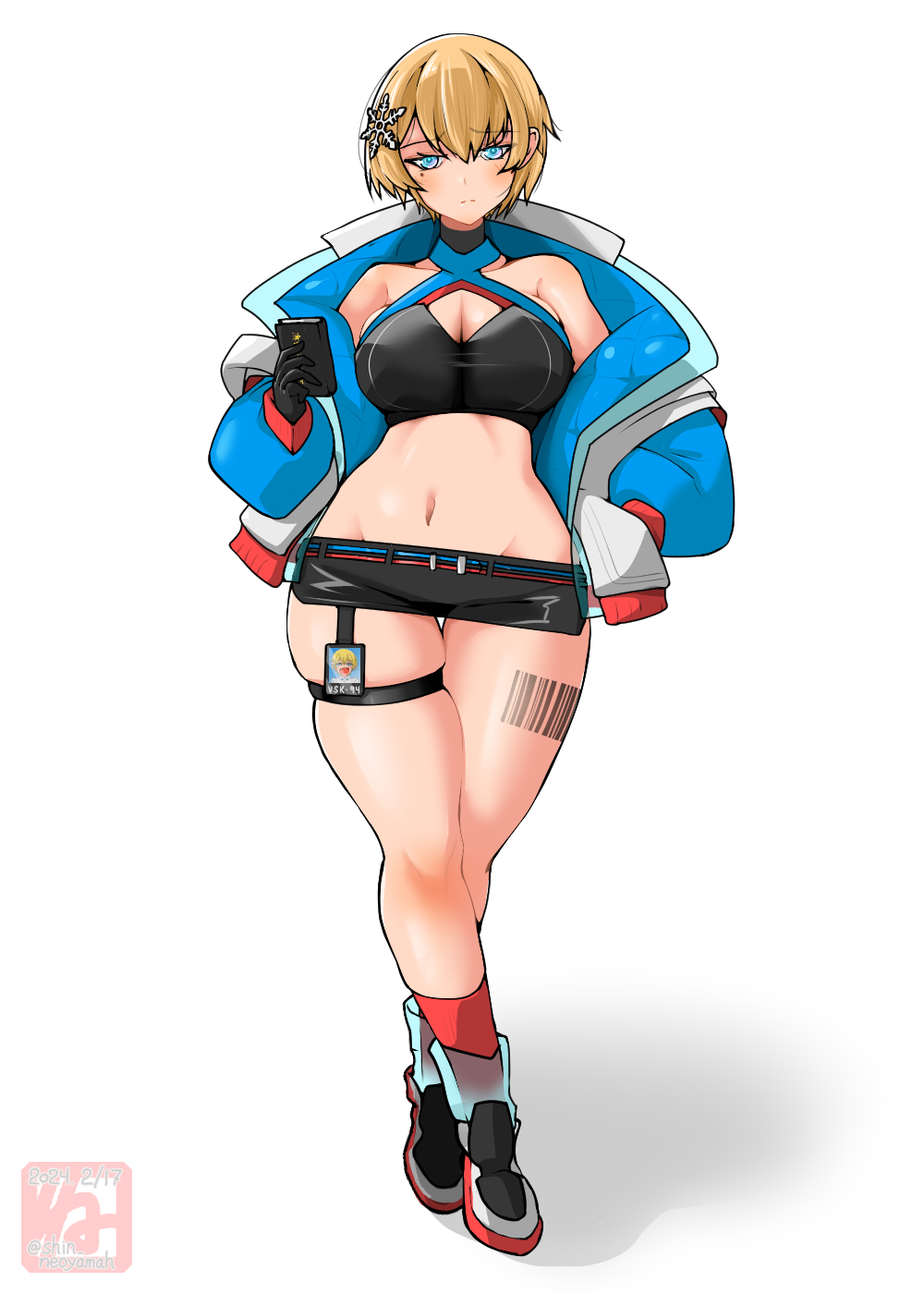 1girl, bandeau, barcode, barcode_tattoo, bare_shoulders, black_bandeau, black_gloves, black_skirt, blonde_hair, blue_eyes, blue_jacket, blush, book, breasts, cleavage, closed_mouth, collarbone, commentary_request, cosplay, criss-cross_halter, crop_top, crossed_legs, dated, full_body, girls'_frontline, gloves, gridman_universe, gridman_universe_(movie), groin, hair_ornament, halterneck, hand_in_pocket, highres, holding, holding_book, id_card, jacket, large_breasts, leg_tattoo, long_sleeves, looking_at_viewer, microskirt, midriff, mole, mole_under_eye, navel, neoyamah, off_shoulder, red_socks, shadow, shoes, short_hair, sidelocks, simple_background, skindentation, skirt, snowflake_hair_ornament, socks, solo, standing, takarada_rikka, takarada_rikka_(cosplay), tattoo, thick_thighs, thigh_gap, thigh_strap, thighs, twitter_username, vsk-94_(girls'_frontline), watson_cross, white_background, wide_hips