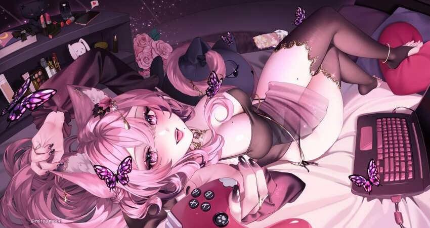 1girl, absurdres, animal_ear_fluff, animal_ears, anklet, arm_up, black_dress, black_nails