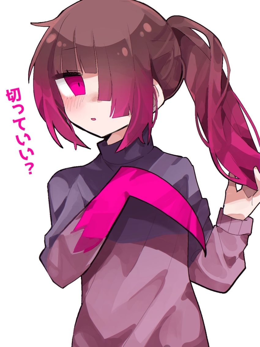 1girl, alternate_hairstyle, bete_noire, blunt_bangs, brown_hair, deeeeeeen114514, glitchtale, gradient_hair