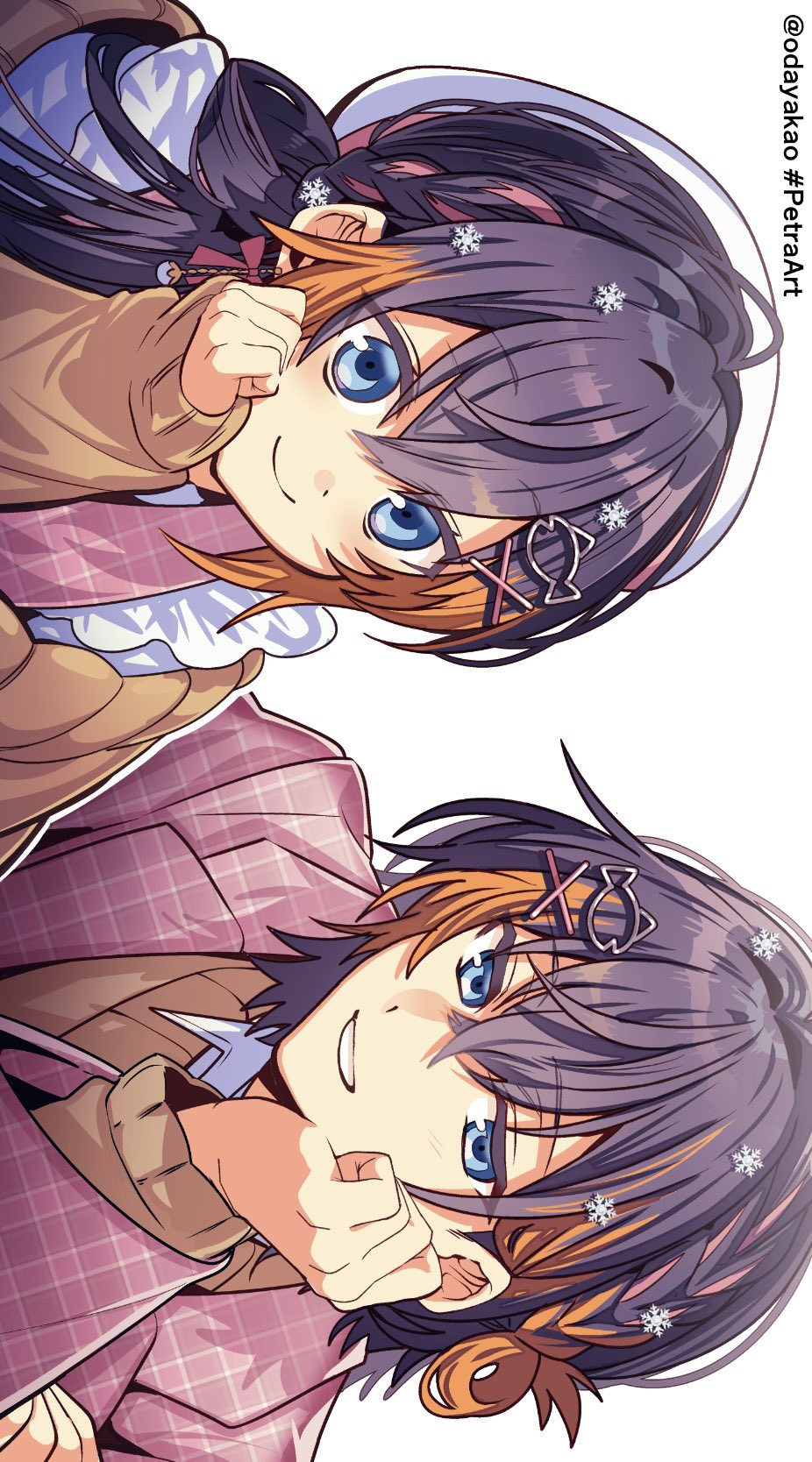 1boy, 1girl, black_hair, blonde_hair, blue_eyes, blush, braid, fish_hair_ornament