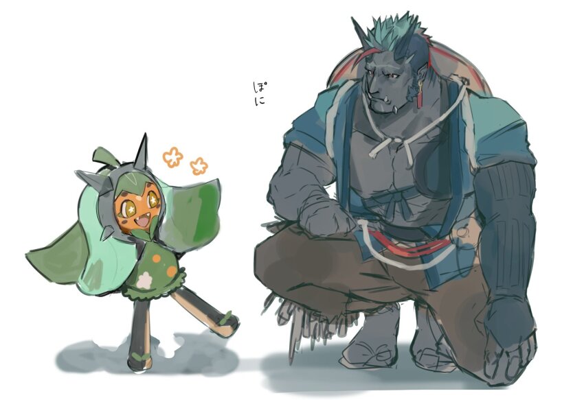 1boy, 1girl, another_eidos-r, aqua_hair, bara, blue_hair, character_request, colored_skin, demon_boy, earrings, facial_hair, floating_earrings, full_body, grey_skin, habaki_(another_eidos), happy_aura, jewelry, male_focus, monster_boy, muscular, muscular_male, mutton_chops, neumo, nintendo, no_eyebrows, ogerpon, pointy_ears, pokemon, red_eyes, red_hair, scar, scar_on_chin, scar_on_face, short_hair, sketch, squatting, tusks