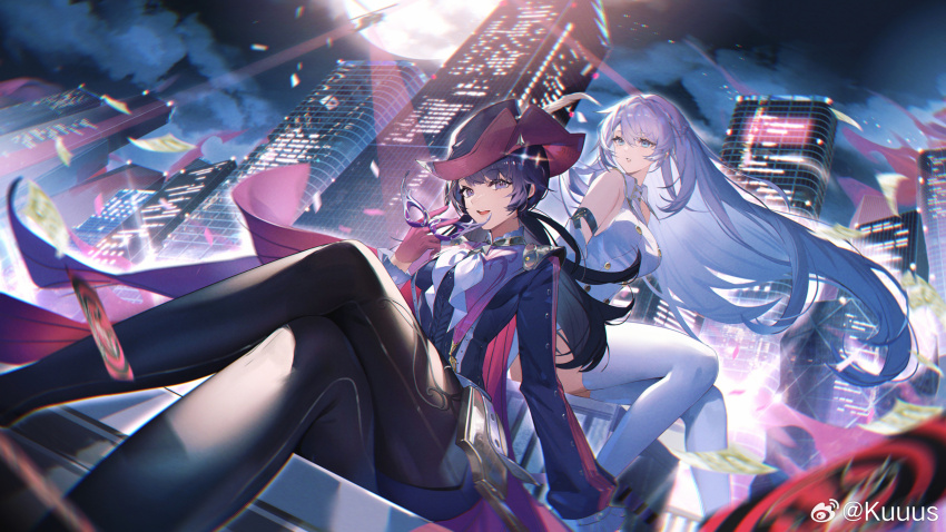 2girls, aircraft, arm_support, artist_name, bare_shoulders, black_footwear, black_hat, black_jacket