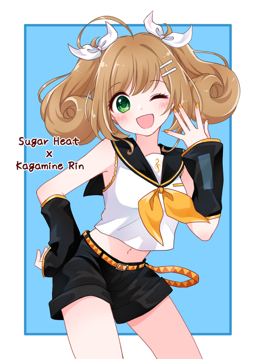 1girl, absurdres, ahoge, bare_shoulders, belt, black_sailor_collar, black_shorts, black_sleeves