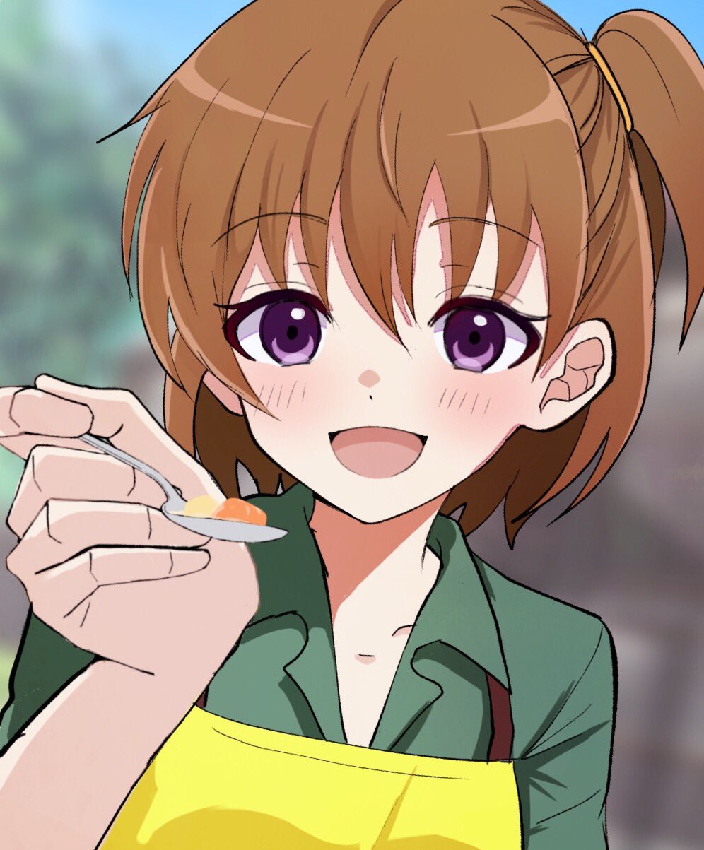 1girl, akasaka_miyuki, apron, blurry, blurry_background, blush, brown_eyes, brown_hair