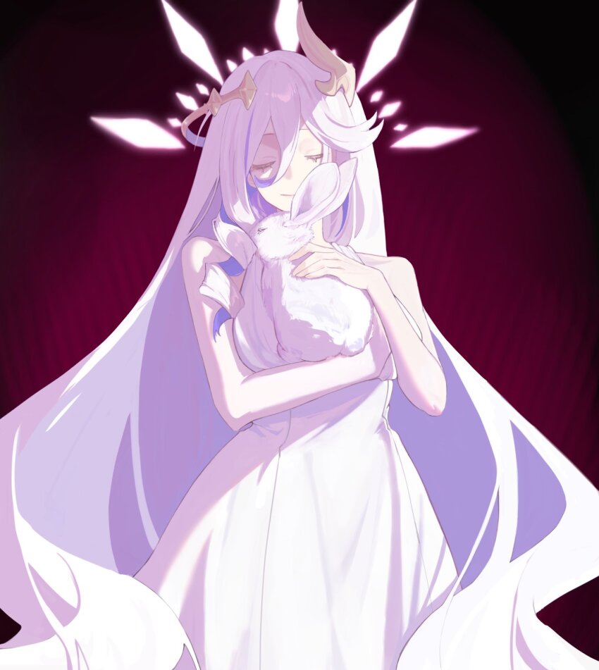 1girl, animal, bare_shoulders, closed_eyes, closed_mouth, collarbone, colored_inner_hair, commentary_request, dress, drill_hair, drill_sidelocks, eyelashes, gradient_background, hair_between_eyes, hand_up, misteln_schariac, highres, holding, holding_animal, holding_rabbit, honkai_(series), honkai_impact_3rd, long_hair, multicolored_hair, parted_bangs, purple_hair, rabbit, red_background, sho_2nini, sidelocks, simple_background, sleeveless, sleeveless_dress, smile, solo, streaked_hair, u_u, very_long_hair, white_dress, white_hair, white_rabbit_(animal)