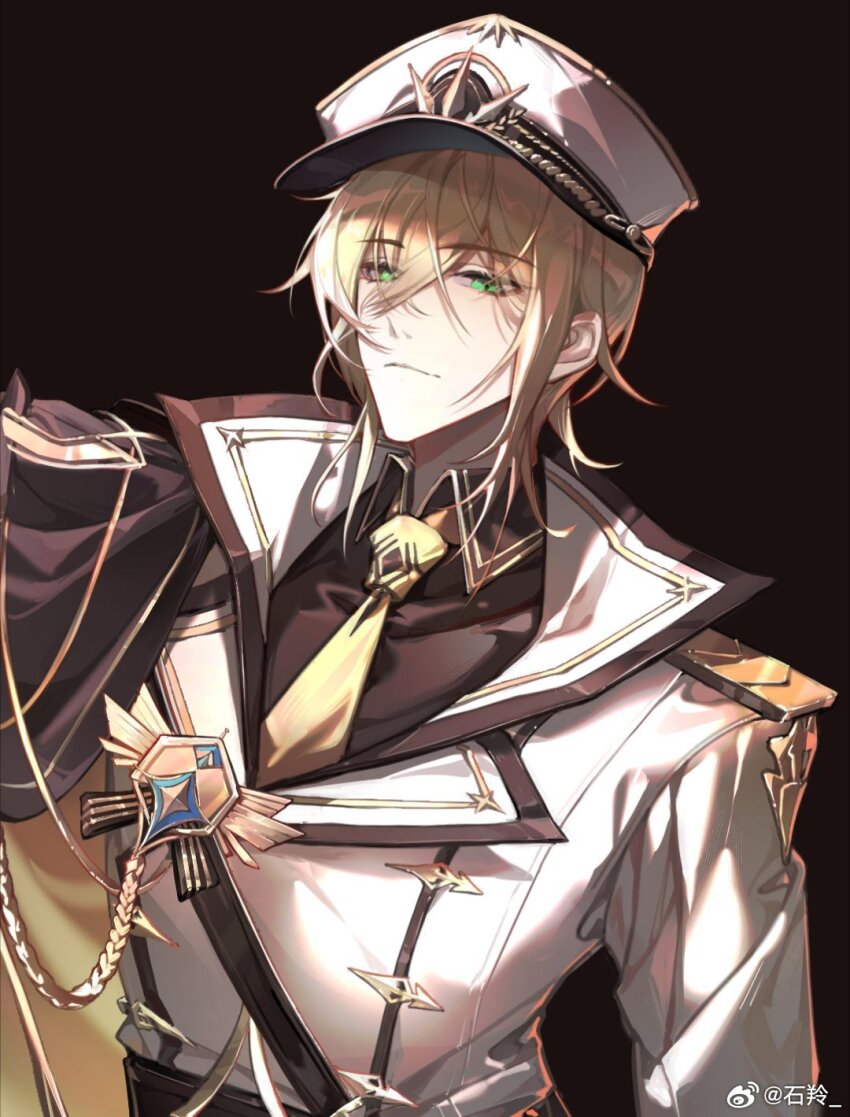 1boy, aiguillette, alkaid_mcgrath, alkaid_mcgrath_(infinite_empire), belt, belt_buckle, black_background, black_belt