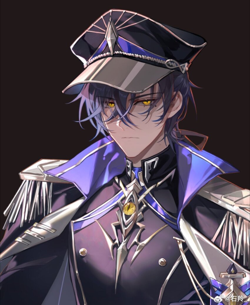 1boy, :|, aiguillette, belt, black_background, black_belt, black_cape, black_hat, black_jacket, black_ribbon, blue_hair, brooch, buttons, cape, clarence_clayden, clarence_clayden_(infinite_empire), closed_mouth, crossed_bangs, dark_blue_hair, double-breasted, epaulettes, eye_symbol, hair_behind_ear, hair_between_eyes, hair_ribbon, hat, highres, jacket, jewelry, lapels, long_hair, long_sleeves, looking_at_viewer, lovebrush_chronicles, low_ponytail, male_focus, military_hat, military_uniform, mole, mole_under_eye, peaked_cap, ponytail, ribbon, serious, shiling, simple_background, solo, stained_glass, two-sided_cape, two-sided_fabric, upper_body, watermark, weibo_watermark, white_cape, yellow_eyes