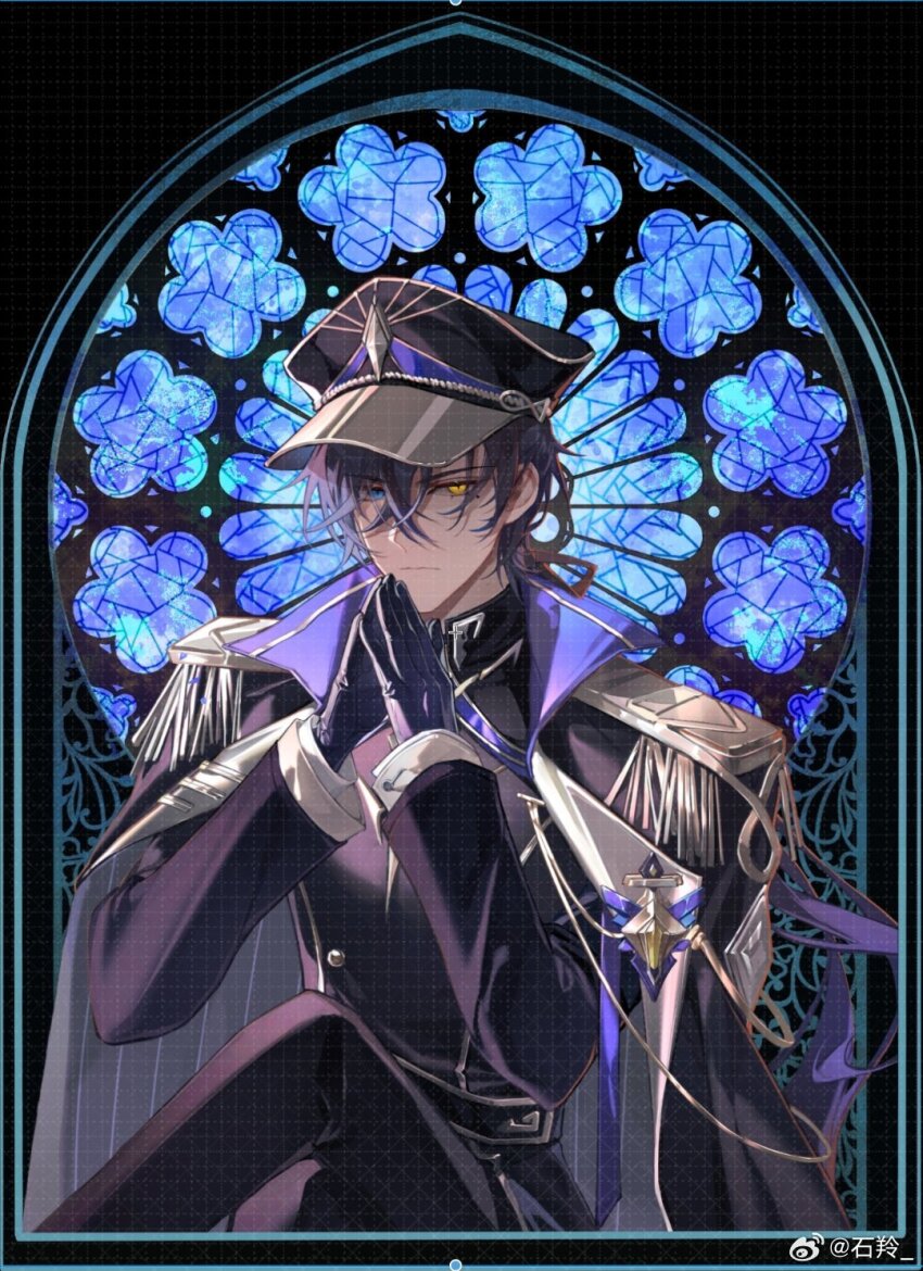 1boy, :|, aiguillette, belt, black_background, black_belt, black_cape, black_gloves