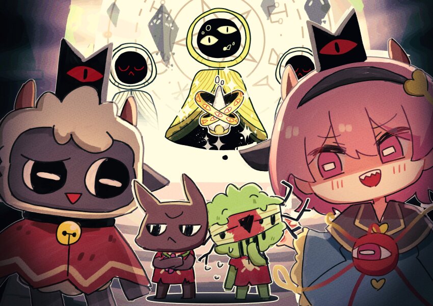 1girl, absurdres, animal_ears, bell, black_hairband, black_skin, blouse, blue_shirt