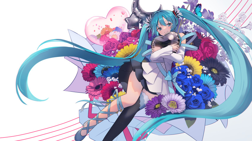 1girl, absurdres, anniversary, aqua_flower, asymmetrical_legwear, balloon, bare_shoulders, black_shoes