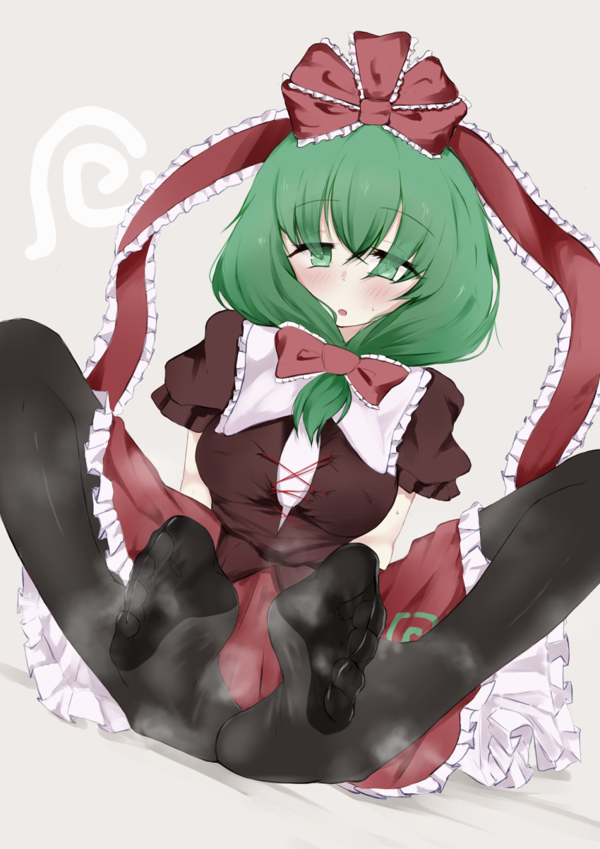 1girl, blush, feet, green_eyes, green_hair, highres, kagiyama_hina, long_hair