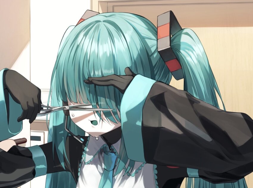 1girl, arm_up, black_sleeves, blue_hair, blue_necktie, blue_tongue, collared_shirt, colored_tongue, commentary_request, cutting_hair, detached_sleeves, facing_viewer, hair_over_eyes, hand_up, hatsune_miku, headset, holding, holding_scissors, indoors, long_hair, long_sleeves, mekakure_miku_(homma_nuruneko), necktie, open_mouth, pentagon_(railgun_ky1206), puffy_long_sleeves, puffy_sleeves, scissors, shirt, sleeves_past_wrists, solo, twintails, upper_body, very_long_hair, vocaloid, white_shirt, wide_sleeves