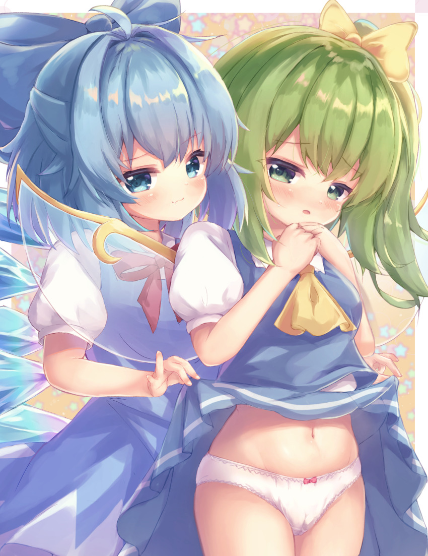 2girls, :3, :o, absurdres, ahoge, ascot, assisted_exposure, behind_another, blue_bow, blue_dress, blue_eyes, blue_hair, blush, border, bow, bow_panties, cameltoe, chrocatz, cirno, clenched_hands, closed_mouth, clothes_lift, cowboy_shot, daiyousei, dot_nose, dress, eyebrows, eyebrows_hidden_by_hair, eyelashes, fairy, fairy_wings, fang, fingernails, green_eyes, green_hair, groin, hair_between_eyes, hair_bow, hair_ornament, hands_on_own_chin, happy, highres, ice, ice_wings, lifting_another's_clothes, loli, looking_at_viewer, matching_hair/eyes, medium_hair, multiple_girls, navel, neck_ribbon, open_mouth, orange_background, outside_border, panties, pinafore_dress, puffy_short_sleeves, puffy_sleeves, red_bow, red_ribbon, ribbon, shirt, short_hair, short_sleeves, side_ponytail, skirt, skirt_lift, sleeveless, sleeveless_dress, smile, smug, standing, star_(symbol), star_symbol_background, stomach, sweatdrop, touhou, underwear, white_border, white_panties, white_shirt, wings, yellow_ascot, yellow_bow