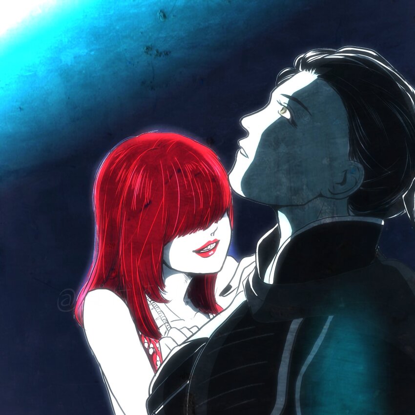 2girls, black_hair, black_nails, blue_background, collarbone, garo:_hagane_o_tsugu_mono, garo_(tokusatsu_series), hair_over_eyes