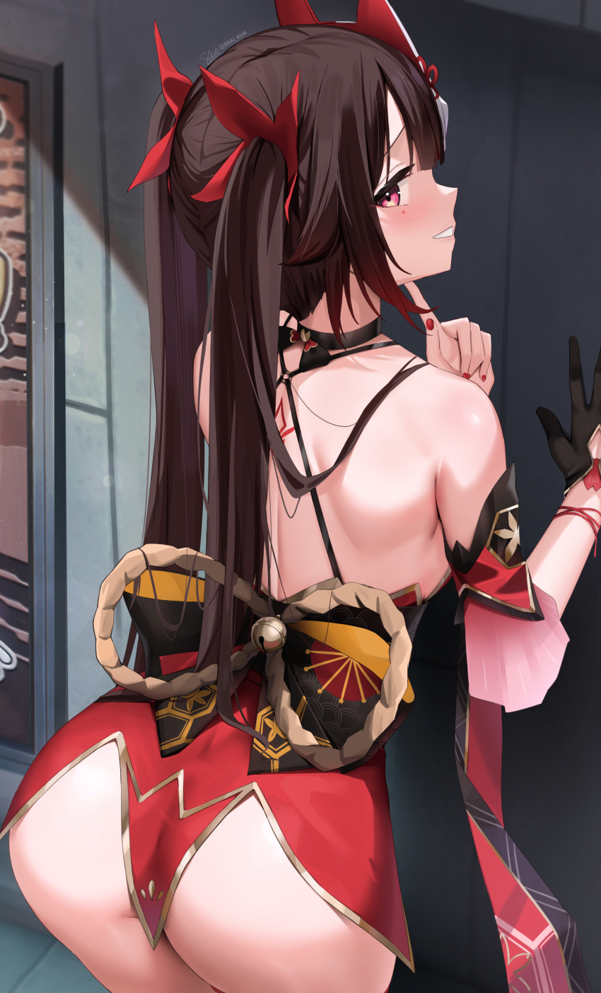 1girl, against_wall, ass, back_tattoo, backless_dress, backless_outfit, bare_back, bare_shoulders, bent_over, black_choker, black_gloves, black_sash, blush, brown_hair, choker, clenched_teeth, cowboy_shot, criss-cross_halter, dress, finger_to_own_chin, fox_mask, from_behind, gloves, half_gloves, halterneck, highres, honkai:_star_rail, honkai_(series), looking_back, mask, mask_on_head, median_furrow, nail_polish, o-ring, open_mouth, red_dress, red_eyes, red_nails, red_sleeves, rope, sash, shoulder_blades, shimenawa, sidelocks, single_glove, skai_kun, solo, sparkle_(honkai:_star_rail), tattoo, teeth, twintails