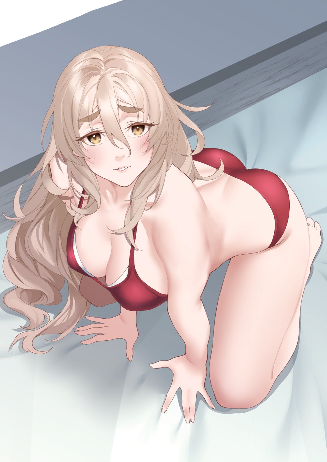 1girl, all_fours, alternate_costume, bikini, breasts, brown_eyes, cleavage, grey_hair