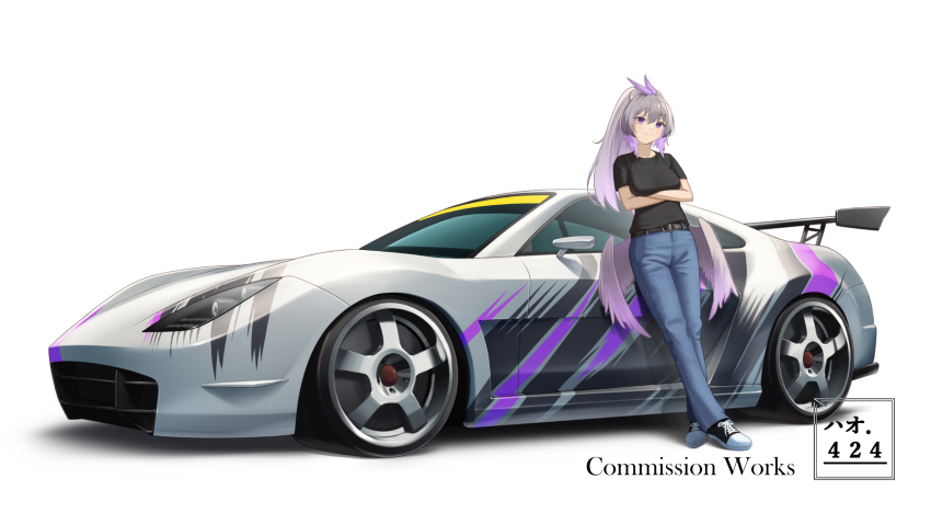1girl, artist_name, belt, black_belt, black_shoes, blue_pants, blush, breasts, burnout_(series), burnout_paradise, car, commentary, commission, denim, english_commentary, grey_hair, haow, head_tilt, highres, jeans, kitano_touge_sport, long_hair, looking_at_viewer, low_wings, medium_breasts, motor_vehicle, original, pants, ponytail, purple_eyes, shadow, shoes, smile, sneakers, solo, spoiler_(automobile), sports_car, vehicle_focus, white_background, wings