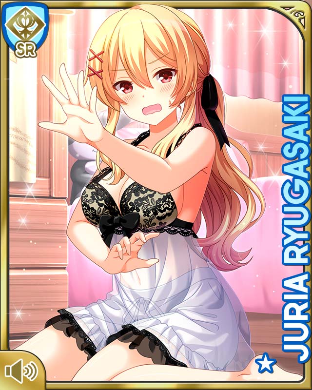 1girl, barefoot, bed, beddroom, black_bra, blonde_hair, bra, breasts, card_(medium), character_name, cleavage, day, dress, embarrassed, girlfriend_(kari), indoors, kneeling, large_breasts, official_art, open_mouth, qp:flapper, red_eyes, ryugasaki_juria, see-through_clothes, see-through_dress, shorts, sleepwear, sleeveless, tagme, underwear, white_shorts