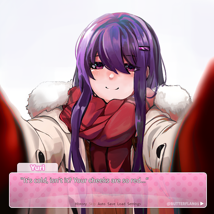 1girl, alternate_costume, butterflan01, character_name, coat, dialogue_box, doki_doki_literature_club, english_text