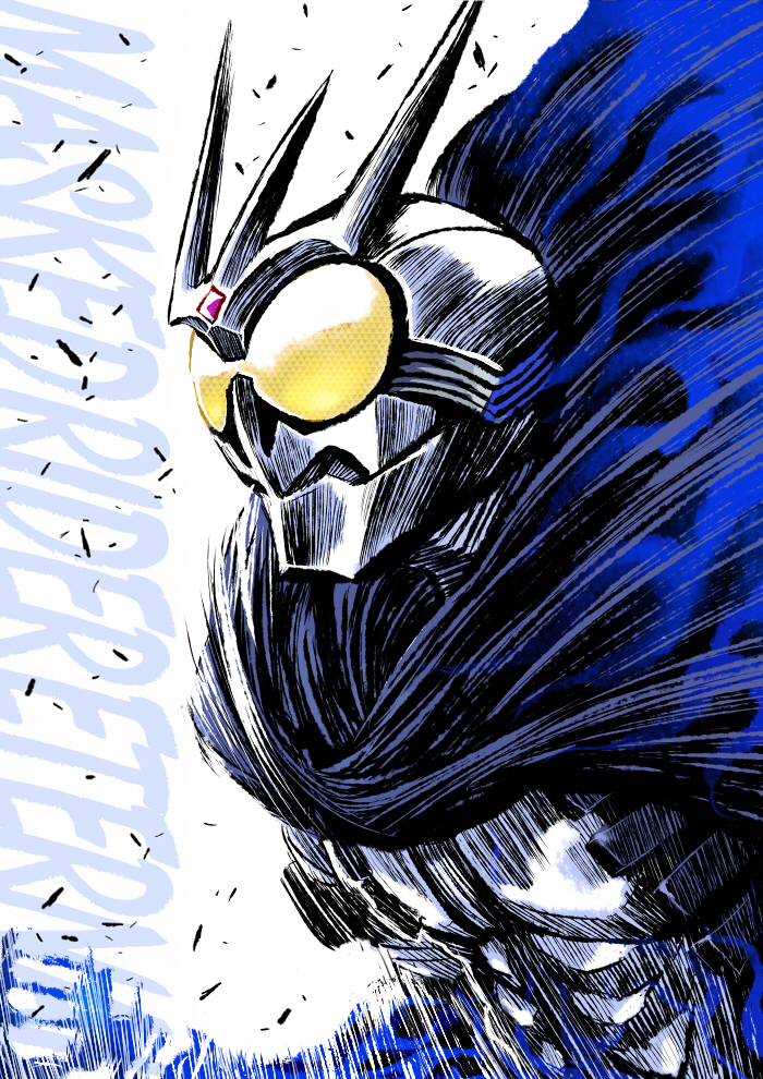 1boy, antennae, armor, cape, cloak, daido_katsumi, english_text, kamen_rider, kamen_rider_eternal, kamen_rider_w, male_focus, mask, masked, solo, vest, warainaku, white_armor, yellow_eyes