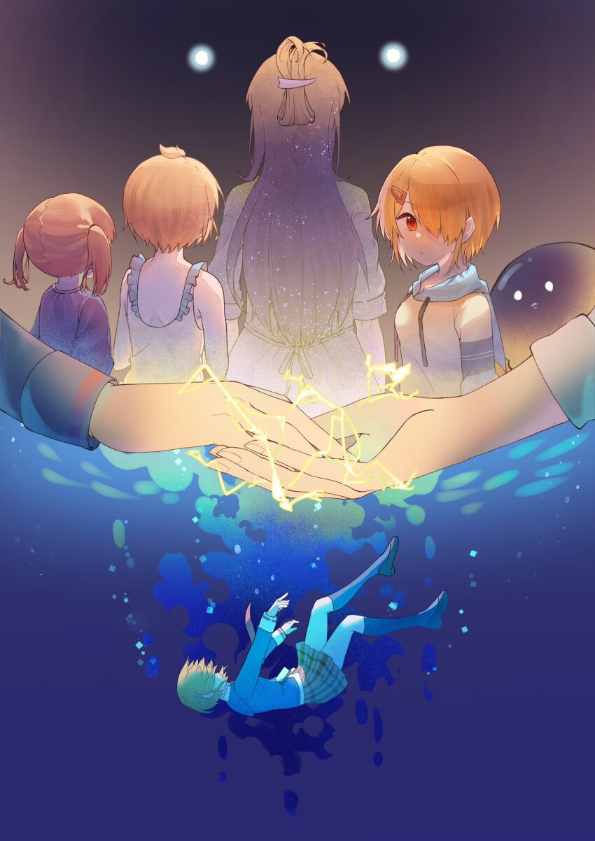 blonde_hair, blue_jacket, collared_shirt, hair_ornament, hair_over_one_eye, heaven_burns_red, highres, jacket