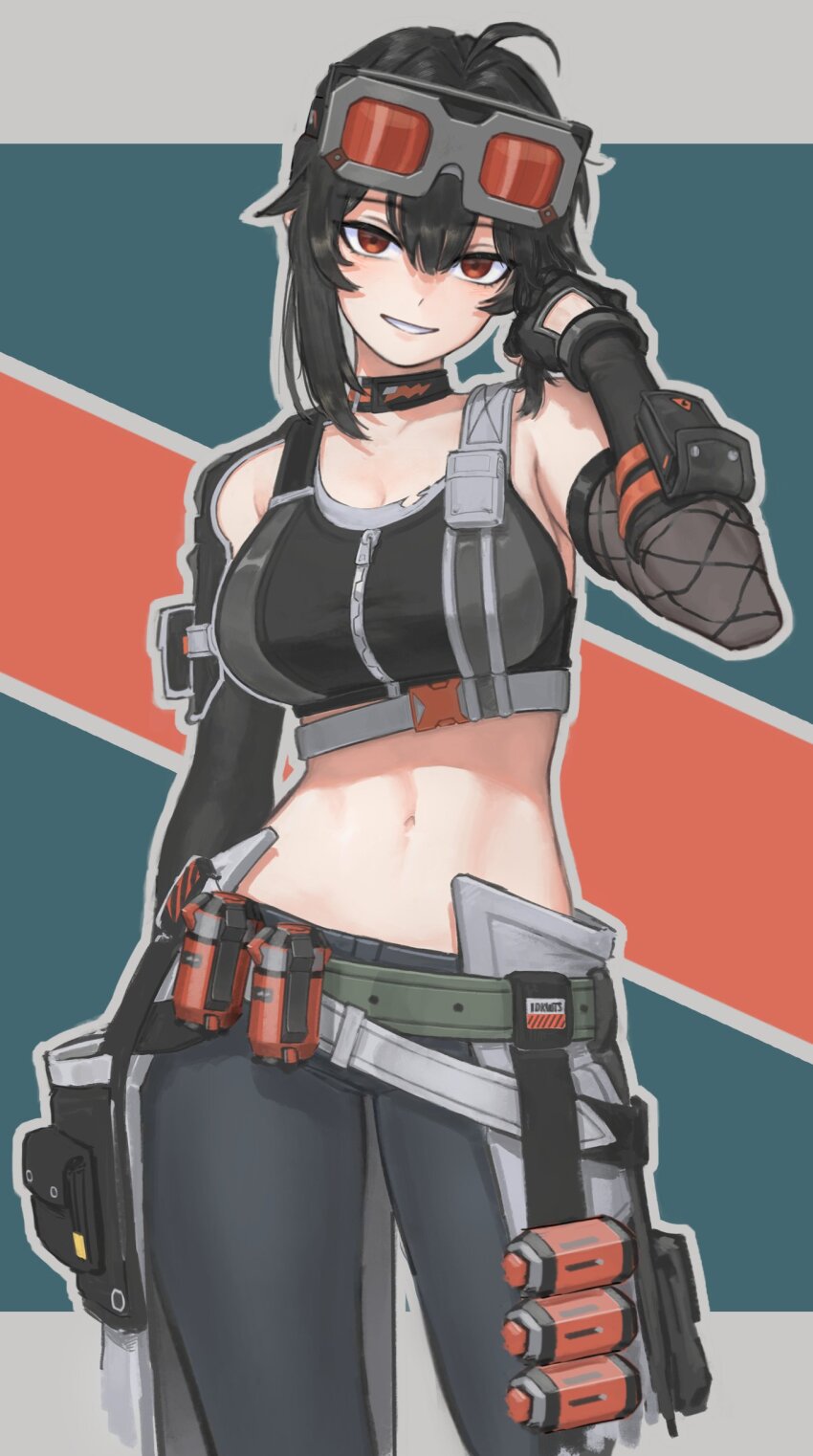 1girl, absurdres, adjusting_hair, ahoge, belt, black_gloves, black_hair, black_pants, breasts, character_request, cleavage, commentary, copyright_request, english_commentary, explosive, gloves, goggles, goggles_on_head, grace_howard, grenade, grin, hair_between_eyes, halfbakelim, highres, large_breasts, looking_at_viewer, medium_hair, midriff, navel, original, pants, red_eyes, smile, solo, zenless_zone_zero, zipper