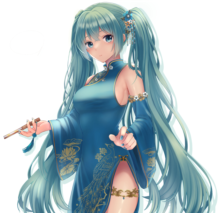 1girl, absurdres, bare_shoulders, blue_dress, blue_eyes, blue_flower, blue_gem, blue_hair