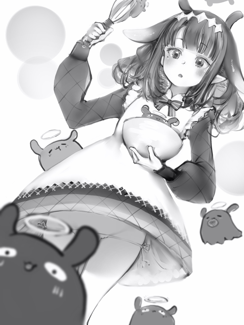 1girl, :3, :o, absurdres, blunt_bangs, blush, bowl, convenient_censoring, diamond_hairband, greyscale, halo, highres, holding, holding_bowl, holding_whisk, hololive, hololive_english, long_hair, long_sleeves, looking_at_viewer, lowleg, lowleg_panties, mole, mole_under_eye, monochrome, nanashi_(nlo), ninomae_ina'nis, ninomae_ina'nis_(6th_costume), ninomae_ina'nis_(pastry_chef), official_alternate_costume, open_mouth, panties, panty_pull, pantyshot, pointy_ears, puffy_long_sleeves, puffy_sleeves, side-tie_panties, simple_background, solo, takodachi_(ninomae_ina'nis), underwear, virtual_youtuber, whisk