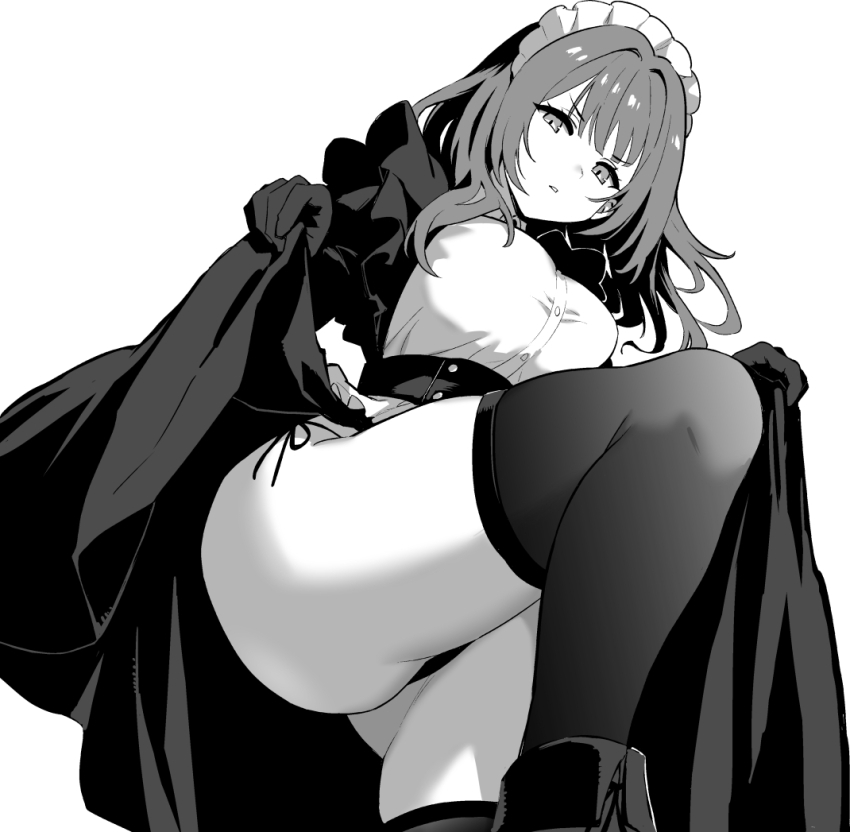 1girl, azur_lane, azur_lane:_slow_ahead, black_gloves, black_panties, black_thighhighs, clothes_lift, devonshire_(azur_lane)