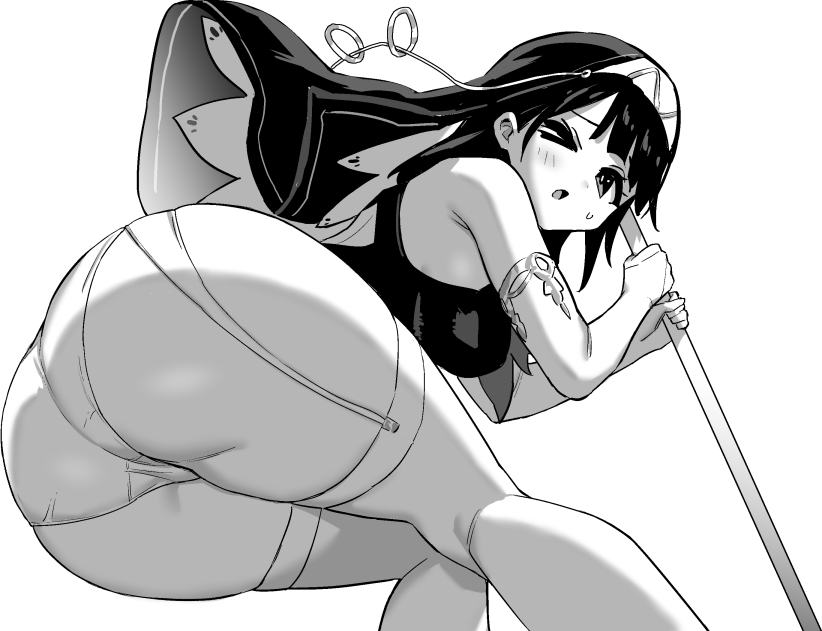 1girl, armpit_crease, ass, azur_lane, azur_lane:_slow_ahead, breasts, elbow_gloves, from_behind, garter_straps, gloves, greyscale, habit, holding, holding_staff, hori_(hori_no_su), large_breasts, liverpool_(azur_lane), liverpool_(breeze_of_blessing)_(azur_lane), monochrome, nun, nun_headdress, official_alternate_costume, official_art, one_eye_closed, open_mouth, panties, simple_background, solo, staff, sweatdrop, thighhighs, underwear, veil, white_background, white_garter_straps, white_panties, white_thighhighs