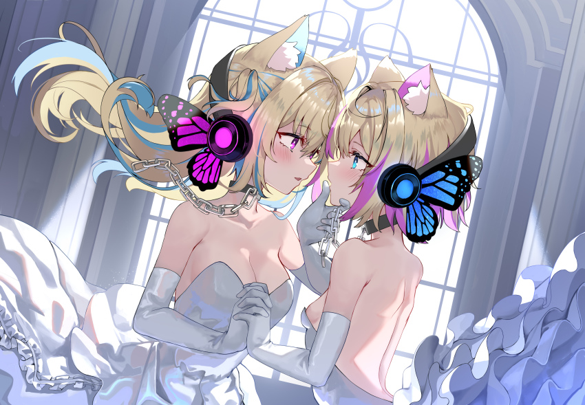 2girls, absurdres, alternate_costume, animal_ear_fluff, animal_ears, backless_dress, backless_outfit, bare_shoulders, black_collar, blonde_hair, blue_eyes, blue_hair, blush, breasts, butterfly_wings, chain, cleavage, collar, colored_inner_animal_ears, dog_ears, dog_girl, dress, elbow_gloves, eye_contact, face-to-face, female_focus, floating_clothes, floating_hair, from_side, fuwawa_abyssgard, gloves, hair_between_eyes, hand_on_another's_chin, headphones, highres, holding_hands, hololive, hololive_english, incest, indoors, insect_wings, interlocked_fingers, large_breasts, layered_dress, long_hair, looking_at_another, magnet_(vocaloid), mococo_abyssgard, multicolored_hair, multiple_girls, one_side_up, parted_lips, pink_eyes, pink_hair, short_hair, siblings, sideways_mouth, sisters, small_breasts, strapless, strapless_dress, streaked_hair, trap_(drthumt), twincest, twins, upper_body, virtual_youtuber, wedding_dress, white_dress, white_gloves, wife_and_wife, window, wings, yuri
