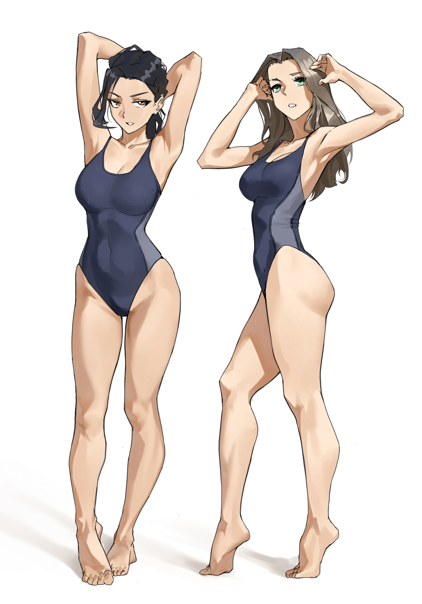 2girls, absurdres, armpits, arms_behind_head, arms_up, bare_arms, bare_legs, bare_shoulders, barefoot, black_hair, blue_one-piece_swimsuit, breasts, brown_eyes, brown_hair, cleavage, competition_swimsuit, covered_navel, feet, full_body, green_eyes, highleg, highleg_one-piece_swimsuit, highres, large_breasts, long_hair, looking_at_viewer, looking_up, multiple_girls, one-piece_swimsuit, original, parted_lips, shadow, simple_background, standing, swimsuit, tbocart, tiptoes, toes, white_background