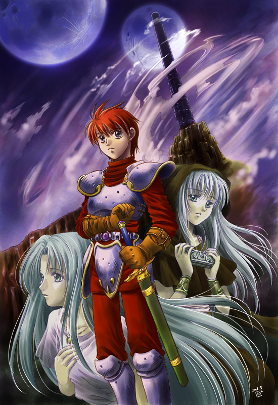 1boy, 2girls, adol_christin, ancient_ys_vanished, armor, blue_eyes, blue_hair, bracelet