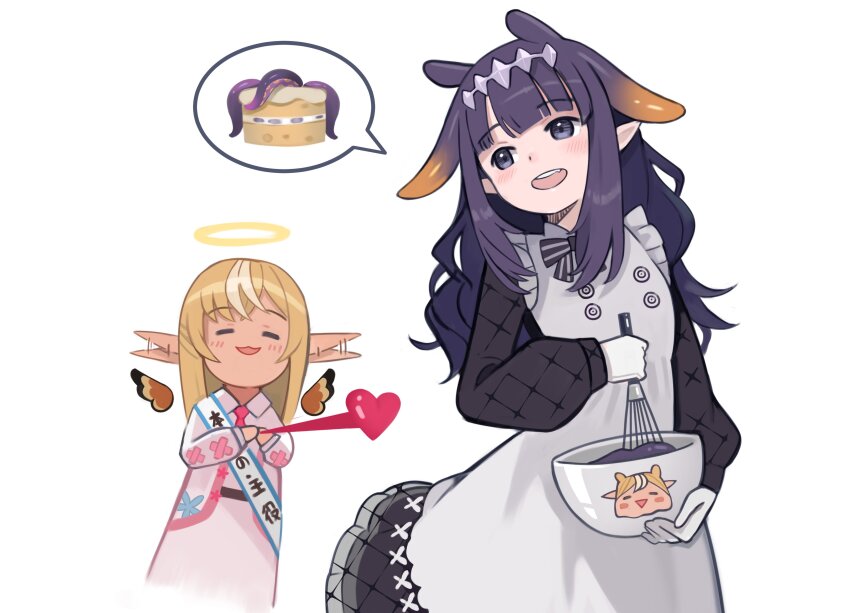 2girls, absurdres, apron, belt, black_dress, blonde_hair, blush, cake