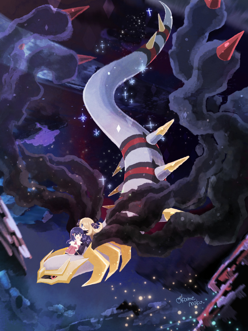1other, 2girls, artist_name, black_hair, black_sclera, blonde_hair, chibi, colored_sclera, cynthia_(pokemon), dawn_(pokemon), distortion_world, gen_4_pokemon, giratina, giratina_(origin), highres, horns, legendary_pokemon, long_hair, multiple_girls, nintendo, okame_miko, pokemon, pokemon_(creature), pokemon_diamond/pearl/platinum, pokemon_platinum, riding, riding_pokemon, spikes, wings