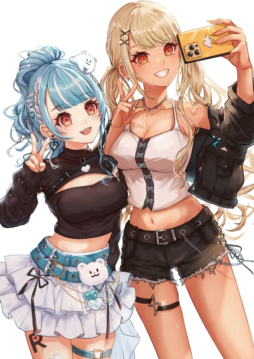 2girls, :d, absurdres, alternate_hairstyle, arm_warmers, belt, black_arm_warmers, black_belt, black_jacket, black_ribbon, black_shorts, blonde_hair, blue_belt, blue_hair, blue_nails, braid, breasts, cellphone, cleavage, cleavage_cutout, clothing_cutout, cloud, fangs, fingernails, frilled_skirt, frills, gradient_eyes, hair_bun, hair_ornament, hairclip, heart, heart_o-ring, highres, holding, holding_phone, jacket, jewelry, kaminari_qpi, kaminari_qpi_(1st_costume), large_breasts, lightning_bolt_symbol, looking_at_phone, medium_breasts, miya_(_32miya107), multicolored_eyes, multicolored_hair, multiple_girls, navel, necklace, o-ring, open_clothes, open_jacket, open_mouth, orange_eyes, orange_nails, phone, ribbon, selfie, shiranami_ramune, shiranami_ramune_(3rd_costume), shirt, short_hair, shorts, simple_background, skirt, smile, stomach, streaked_hair, tan, tank_top, teeth, thigh_strap, thighs, tongue, torn_clothes, torn_shorts, twintails, v, virtual_youtuber, vspo!, wavy_hair, white_background, white_hair, white_shirt, white_skirt