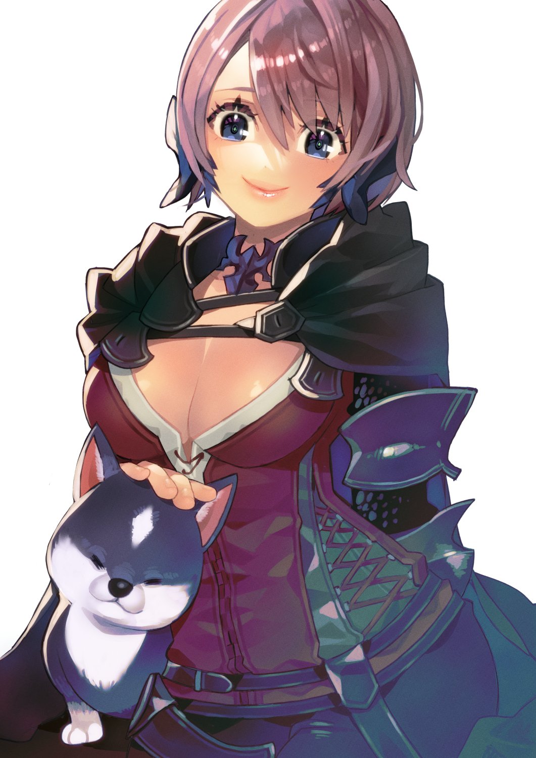 1girl, armor, au_ra, baby_animal, black_cape, breasts, cape, cleavage