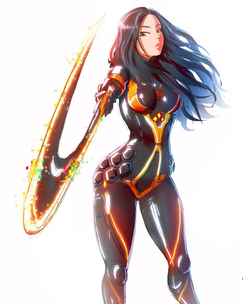 1girl, black_bodysuit, black_hair, bodysuit, breasts, brown_eyes, east_asian, fleurashdesign, glowing, glowing_sword, glowing_weapon, highres, holding, holding_sword, holding_weapon, long_hair, looking_at_viewer, medium_breasts, multicolored_bodysuit, simple_background, solo, stellar_blade, sword, tachy_(stellar_blade), two-tone_bodysuit, weapon, white_background, yellow_bodysuit