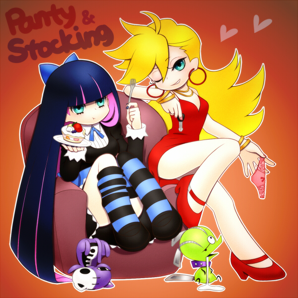 10s, aqua_eyes, blonde_hair, bow, chuck_(psg), dress, ekuru_(pixiv618303), hair_bow, long_hair, multicolored_hair, multiple_girls, panties, panty_&amp;_stocking_with_garterbelt, panty_(psg), red_dress, short_dress, siblings, sisters, stocking_(psg), striped_clothes, striped_legwear, striped_thighhighs, thighhighs, two-tone_hair, underwear