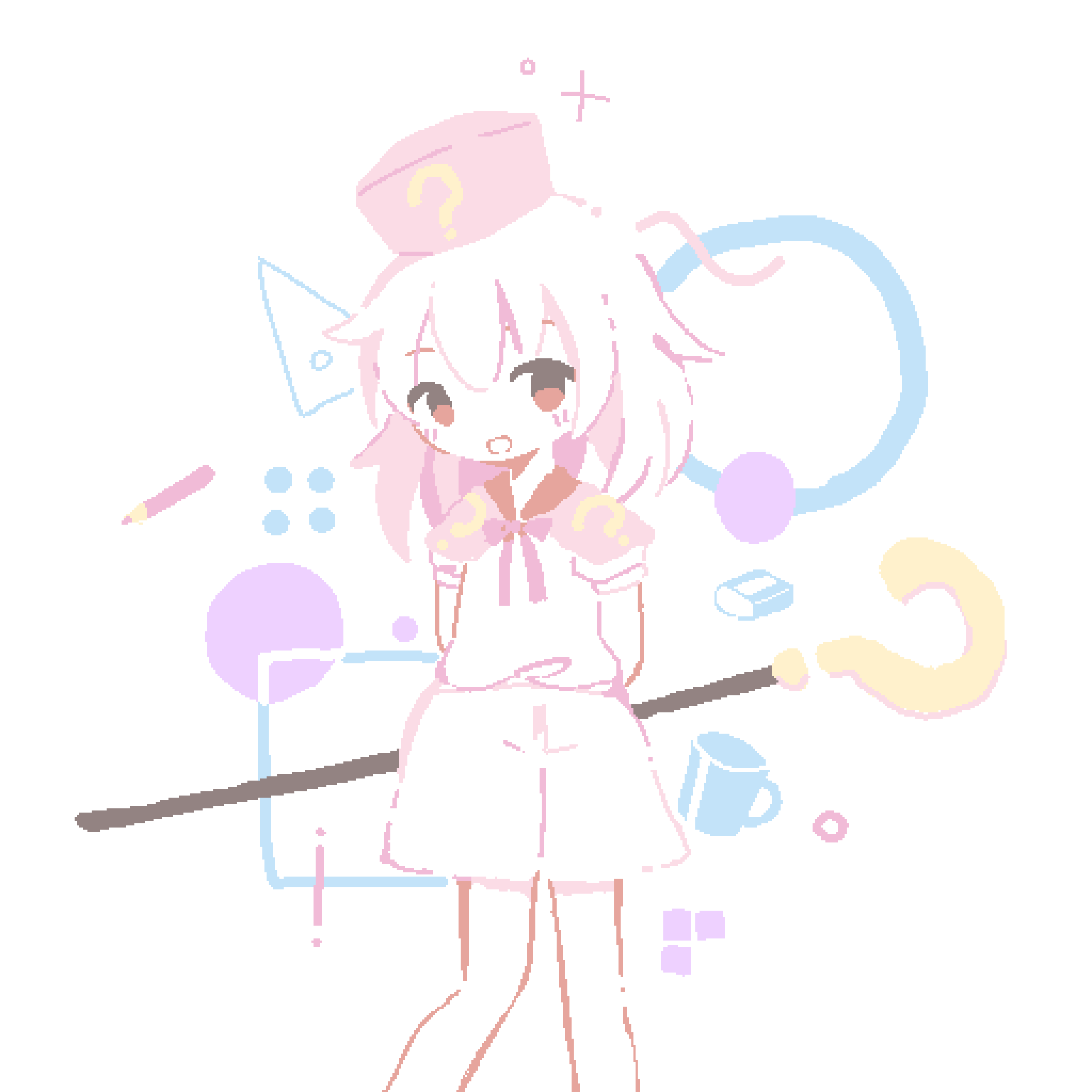 1girl, ?, arms_behind_back, benesse, colo_(frypan_soul), cup, feet_out_of_frame, hat