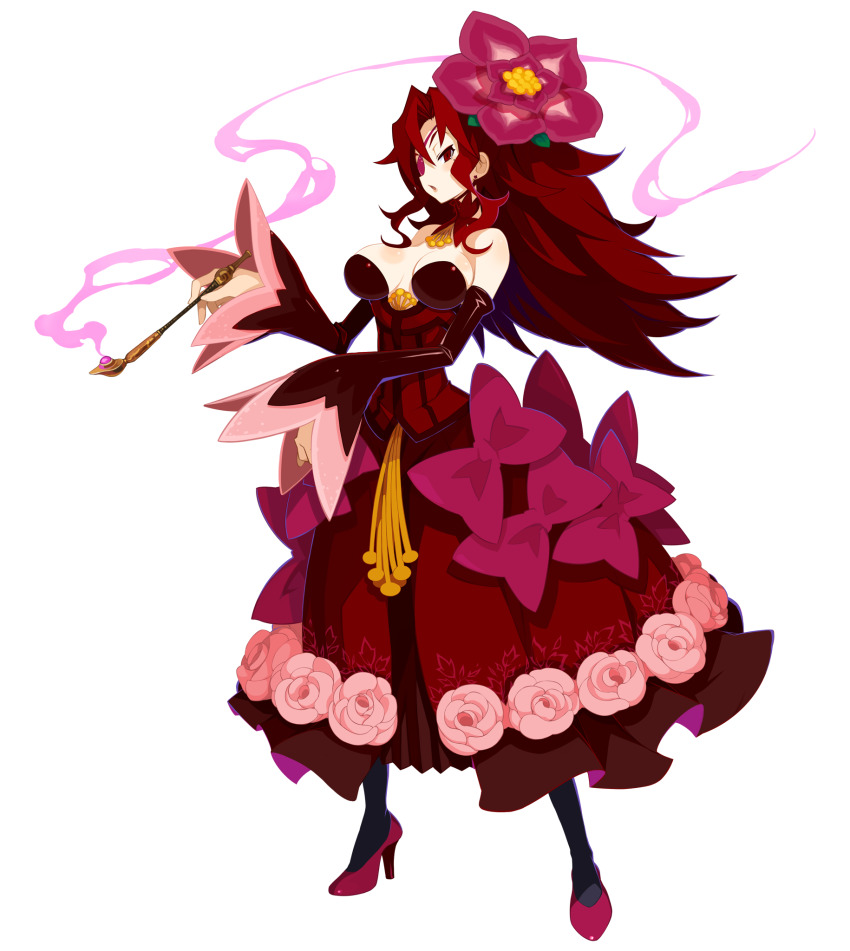 1girl, bow, breasts, detached_sleeves, disgaea, disgaea_rpg, dress, earrings, eyepatch, flower, full_body, hair_flower, hair_ornament, high_heels, highres, holding, holding_smoking_pipe, jewelry, large_breasts, long_hair, looking_at_viewer, majo_to_hyakkihei, non-web_source, official_art, photoshop_(medium), pumps, red_dress, red_eyes, red_footwear, red_hair, smoke, smoking, smoking_pipe, solo, strapless, strapless_dress, thighhighs, transparent_background, valentine_(majo_to_hyakkihei)