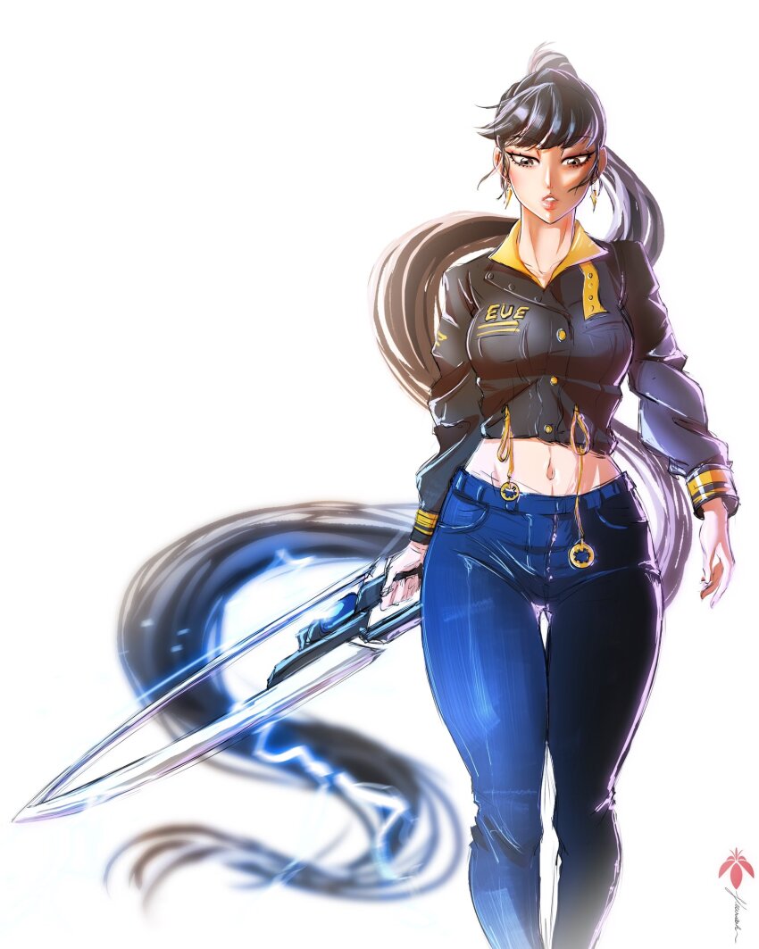 1girl, absurdly_long_hair, black_hair, black_jacket, breasts, brown_eyes, character_name, clothes_writing, collared_jacket, commentary, crop_top, cropped_jacket, denim, earrings, electricity, english_commentary, eve_(stellar_blade), fleurashdesign, floating_earrings, highres, holding, holding_sword, holding_weapon, jacket, jeans, jewelry, large_breasts, long_hair, long_sleeves, looking_at_viewer, midriff, navel, pants, parted_lips, ponytail, solo, stellar_blade, stomach, sword, thigh_gap, very_long_hair, wasteland_adventurer_(stellar_blade), weapon, white_background