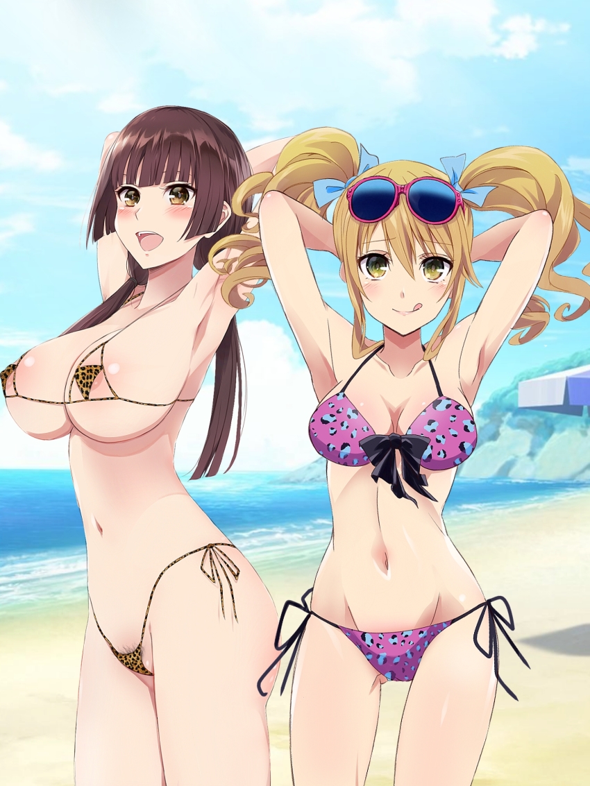 2girls, aihara_yuzu, areola_slip, armpits, bikini, blonde_hair, blunt_bangs, blush