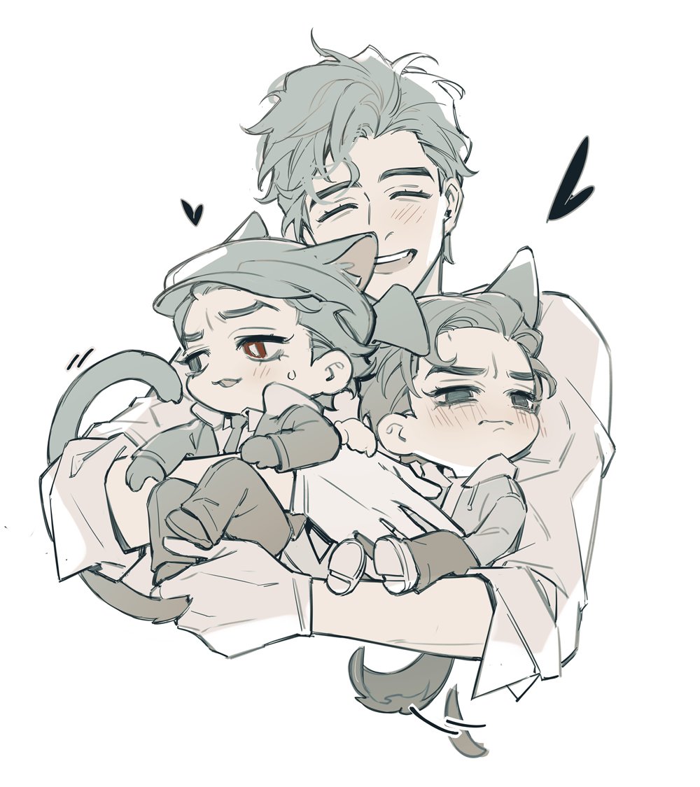 3boys, animal_ears, animification, beret, black_footwear, black_hair, black_hat, black_jacket