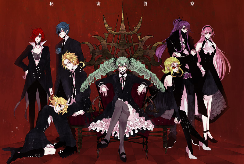 3boys, 5girls, aqua_eyes, aqua_hair, bad_id, bad_pixiv_id, blonde_hair, blue_eyes, blue_hair, crossed_legs, cuffs, dress, drill_hair, eyepatch, formal_clothes, gumi, hair_ribbon, handcuffs, hatsune_miku, himitsu_keisatsu_(vocaloid), kagamine_len, kagamine_rin, kaito_(vocaloid), kamui_gakupo, long_hair, mask, megurine_luka, meiko_(vocaloid), multiple_boys, multiple_girls, necktie, pink_hair, red_hair, ribbon, short_hair, sitting, suit, tako_rii, twintails, vocaloid