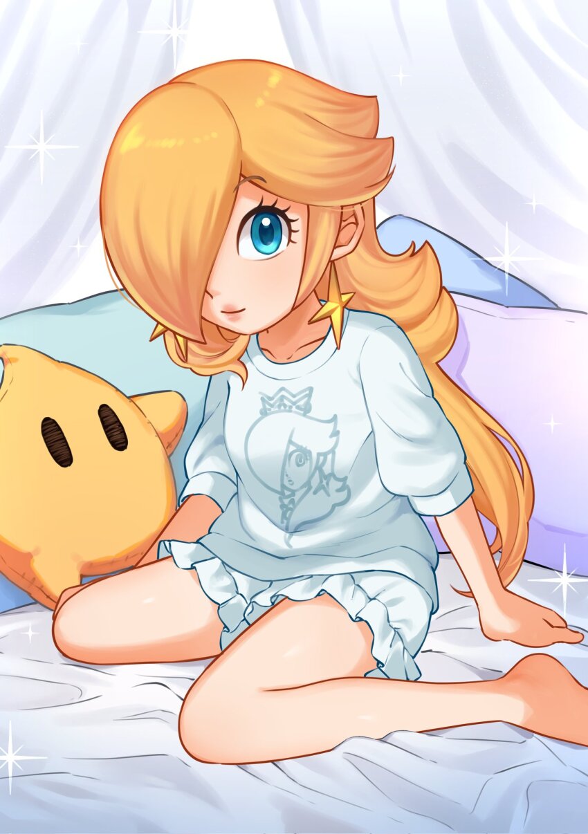 1girl, aged_down, barefoot, bed, blonde_hair, blue_eyes, character_doll, collar, doll, earrings, eyelashes, frilled_shorts, frills, gelato_pique, hair_over_one_eye, highres, indoors, jewelry, light_smile, lips, loli, long_hair, looking_at_viewer, luma_(mario), mario_(series), nintendo, on_bed, pajamas, pillow, rosalina, sasaki_sakiko, short_sleeves, shorts, sitting, solo, sparkle, star_(symbol), star_earrings, stuffed_animal, stuffed_toy, sweater, thighs, wariza