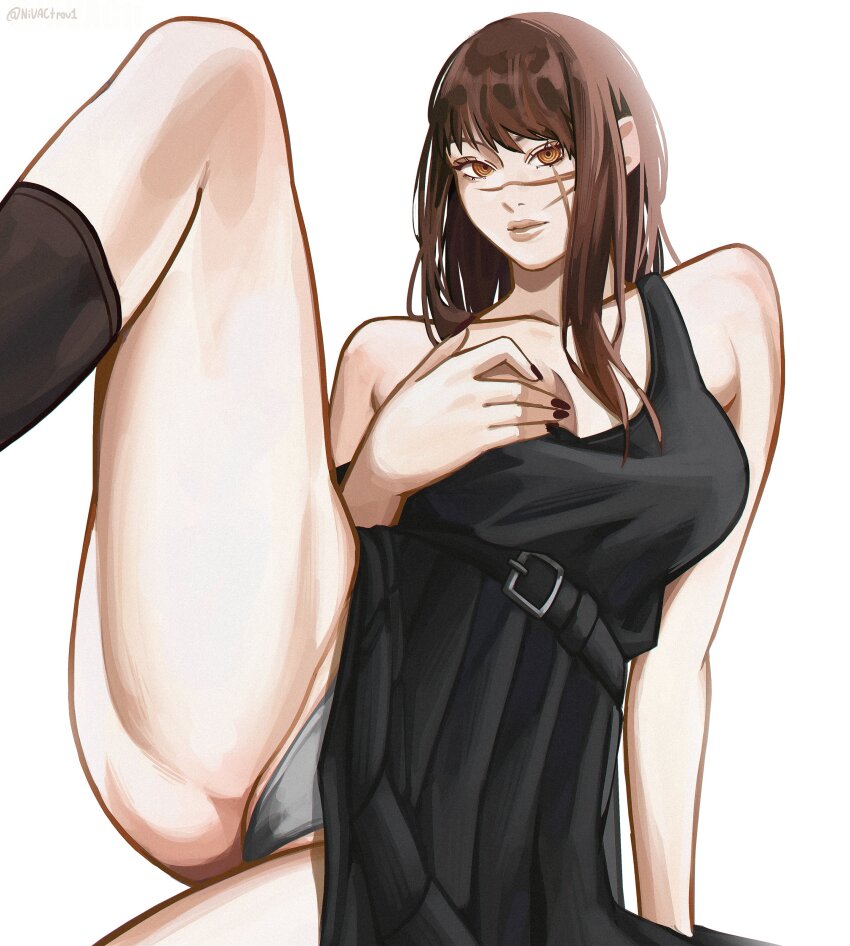 absurdres, belt, breasts, brown_hair, chainsaw_man, cross_scar, curvy, dress, facial_scar, highres, large_breasts, long_legs, nail_polish, nivactrov1, orange_eyes, panties, ringed_eyes, scar, scar_on_cheek, scar_on_face, scar_on_nose, simple_background, sleeveless, sleeveless_dress, spread_legs, thick_thighs, thighs, underwear, white_background, yoru_(chainsaw_man)