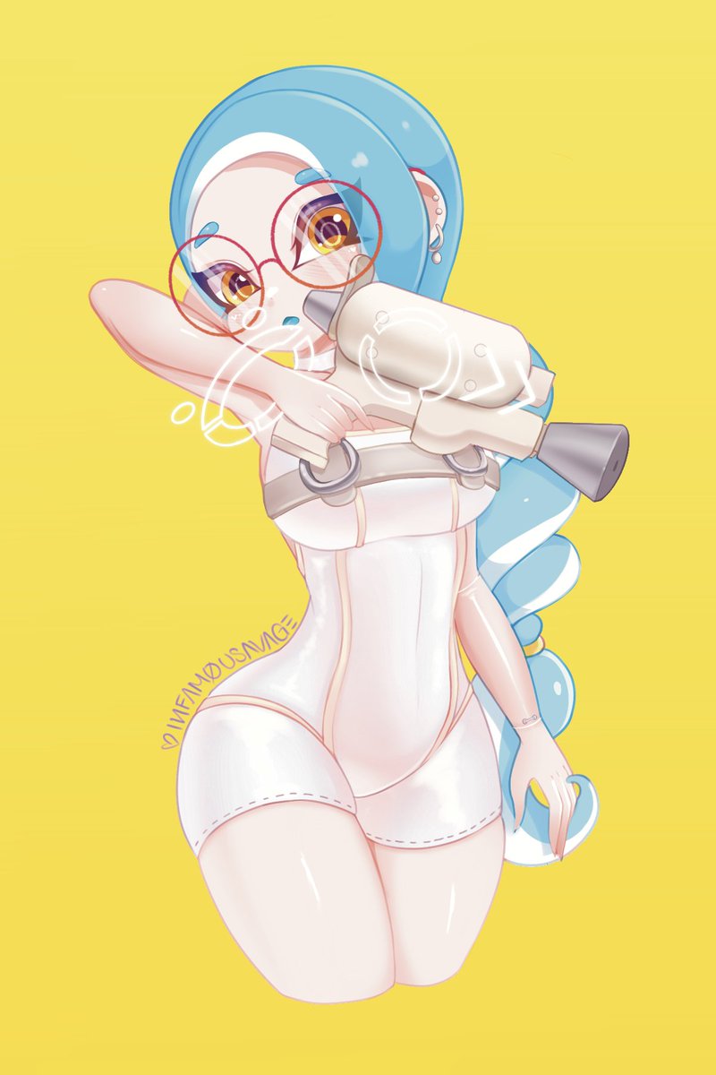 1girl, agent_8_(splatoon), artist_name, blue_hair, bodysuit, breasts, commentary, cropped_legs, english_commentary, glasses, gun, highres, holding, holding_gun, holding_weapon, infamousavages, large_breasts, long_hair, nintendo, octoling, octoling_girl, octoling_player_character, open_mouth, order_shot_(splatoon), red-framed_eyewear, round_eyewear, simple_background, sleeveless, sleeveless_bodysuit, solo, splatoon_(series), splatoon_3, splatoon_3:_side_order, tentacle_hair, thick_eyebrows, very_long_hair, weapon, white_bodysuit, wide_hips, yellow_background, yellow_eyes