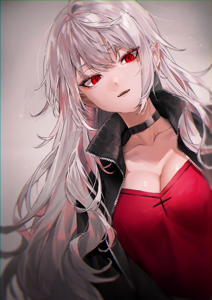 1girl, absurdres, black_choker, black_jacket, breasts, choker, cleavage, collarbone, dress, ear_piercing, genderswap, genderswap_(mtf), highres, jacket, kuroi_suna, kuzuha_(nijisanji), large_breasts, long_hair, looking_at_viewer, mole, mole_under_eye, nijisanji, official_alternate_costume, open_clothes, open_jacket, parted_lips, piercing, pointy_ears, red_dress, red_eyes, sanya_(2nd_costume)_(nijisanji), sanya_(nijisanji), solo, upper_body, vampire, very_long_hair, virtual_youtuber, zipper