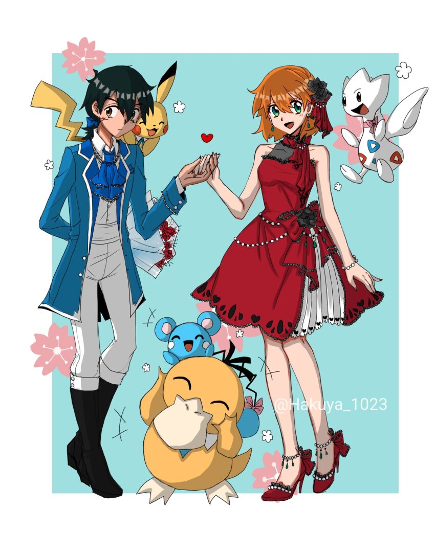 1boy, 1girl, :d, anklet, arm_behind_back, ascot, ash_ketchum, azurill